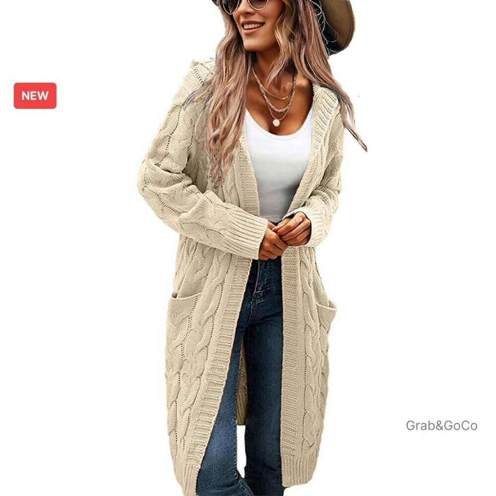 Oversized Cable Knit Hooded Cardigan Chunky Sweater Coat Side Pockets